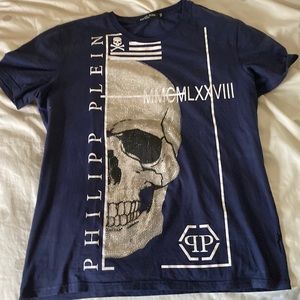 Philipp Plein Navy Blue Short Sleeve Skull Tee with Silver Rhinestones